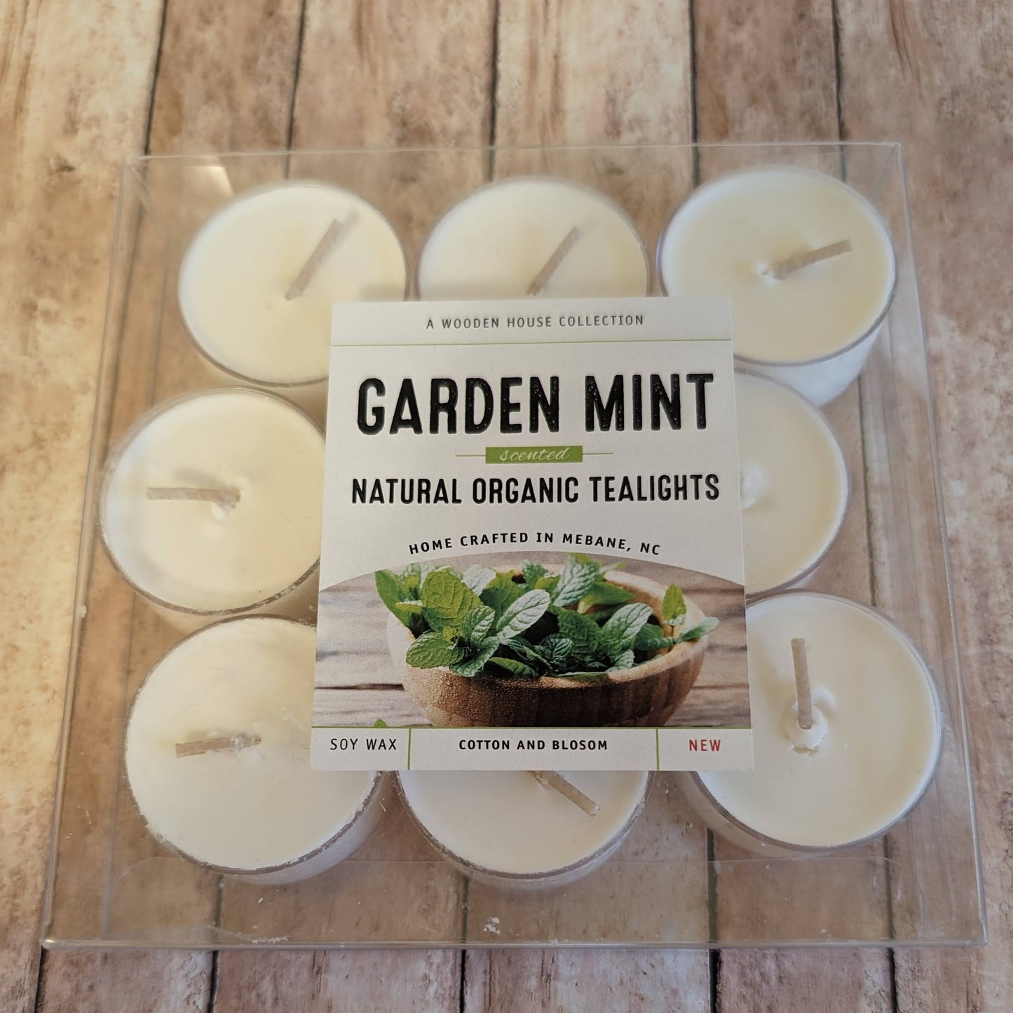 HANDCRAFTED GARDEN MINT Organic Base Plant Tealights-Cotton & Blossom Collection