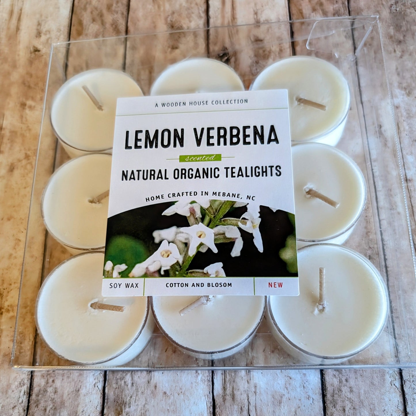 HANDCRAFTED LEMON VERBENA Organic Base Plant Tealights-Cotton & Blossom Collection