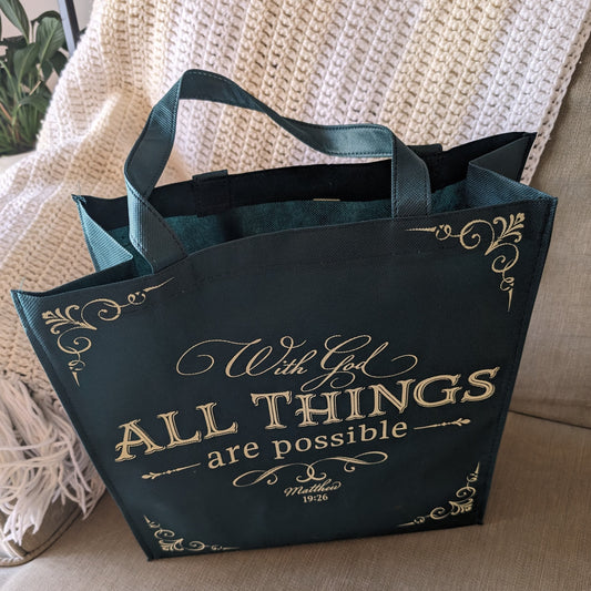 "WITH GOD ALL THINGS ARE POSSIBLE" Dark Green Shopping Tote