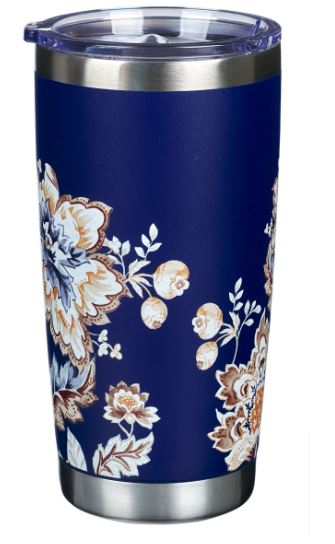 NAVY COLOR FLORAL STAINLESS TRAVEL TUMBLER Philippians 4:13