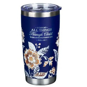 NAVY COLOR FLORAL STAINLESS TRAVEL TUMBLER Philippians 4:13