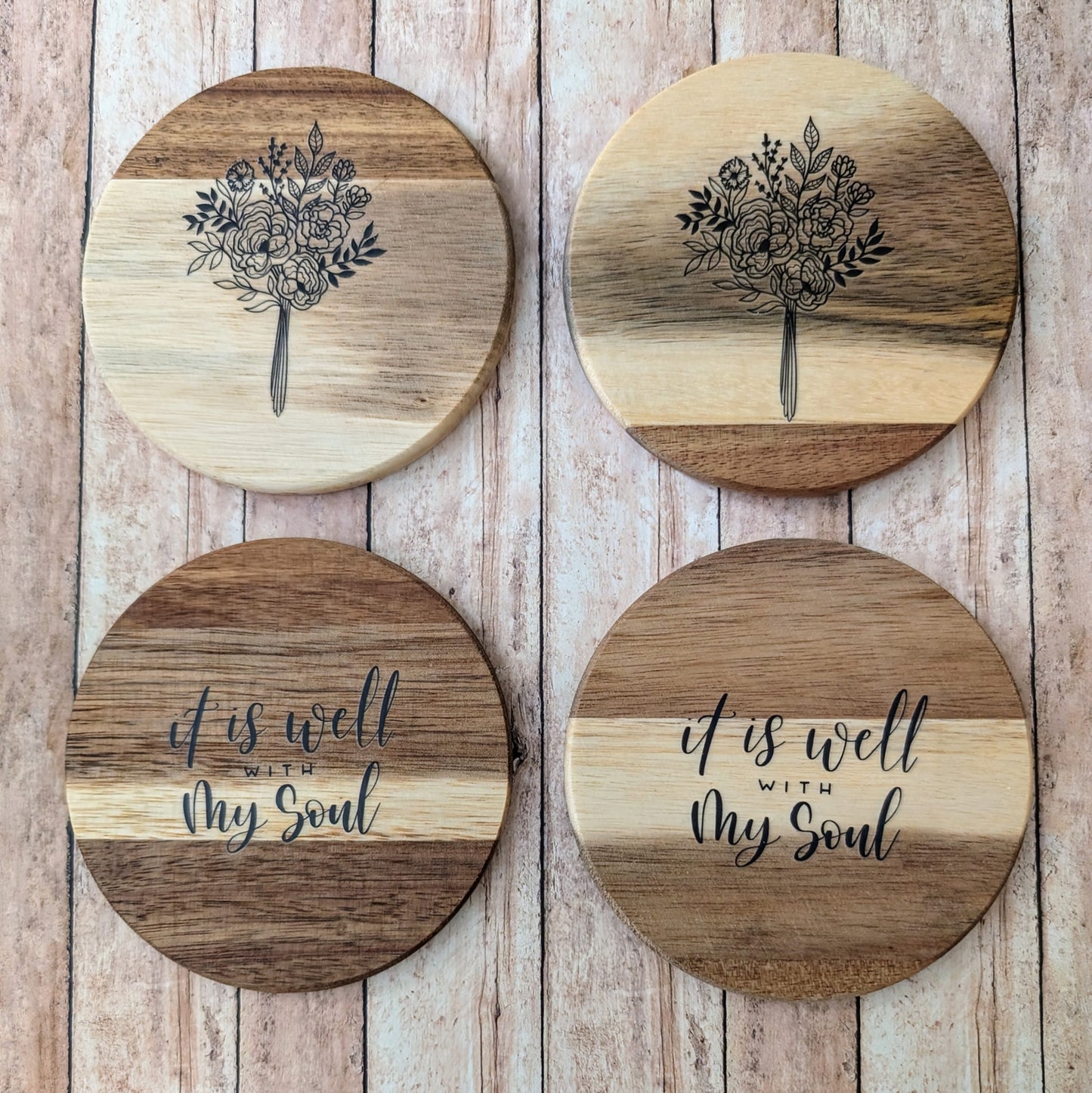 ACACIA WOODEN ROUND COASTER "All is well with my soul"-Cotton & Blossom Collection